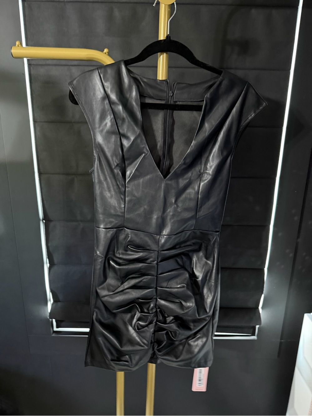 Faux Leather Black Ruched V-Neck Mini Dress